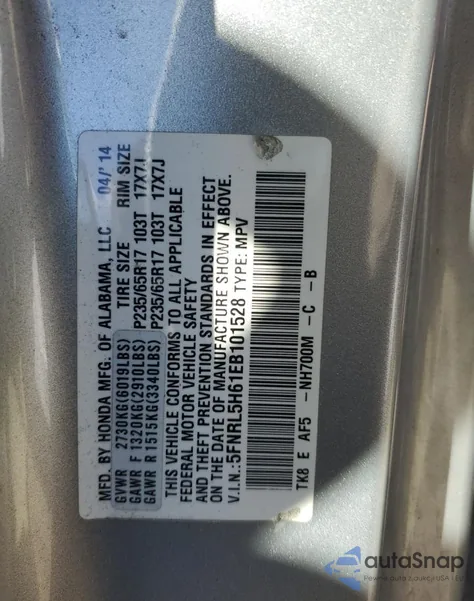 2014 Honda Odyssey Exl z USA, uszkodzony, nr VIN 5FNRL5H61EB101528